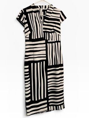 Calvin Klein Black and White Geometric Block Stripe Midi Dress